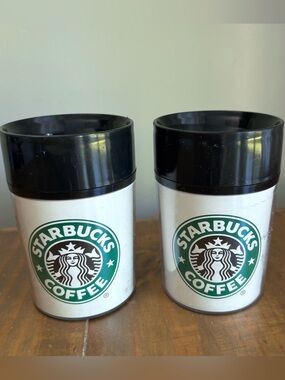 Set of 2 VTG Starbucks Coffee Travel Tumblers with Lids-ThermoServ 8oz Short-USA